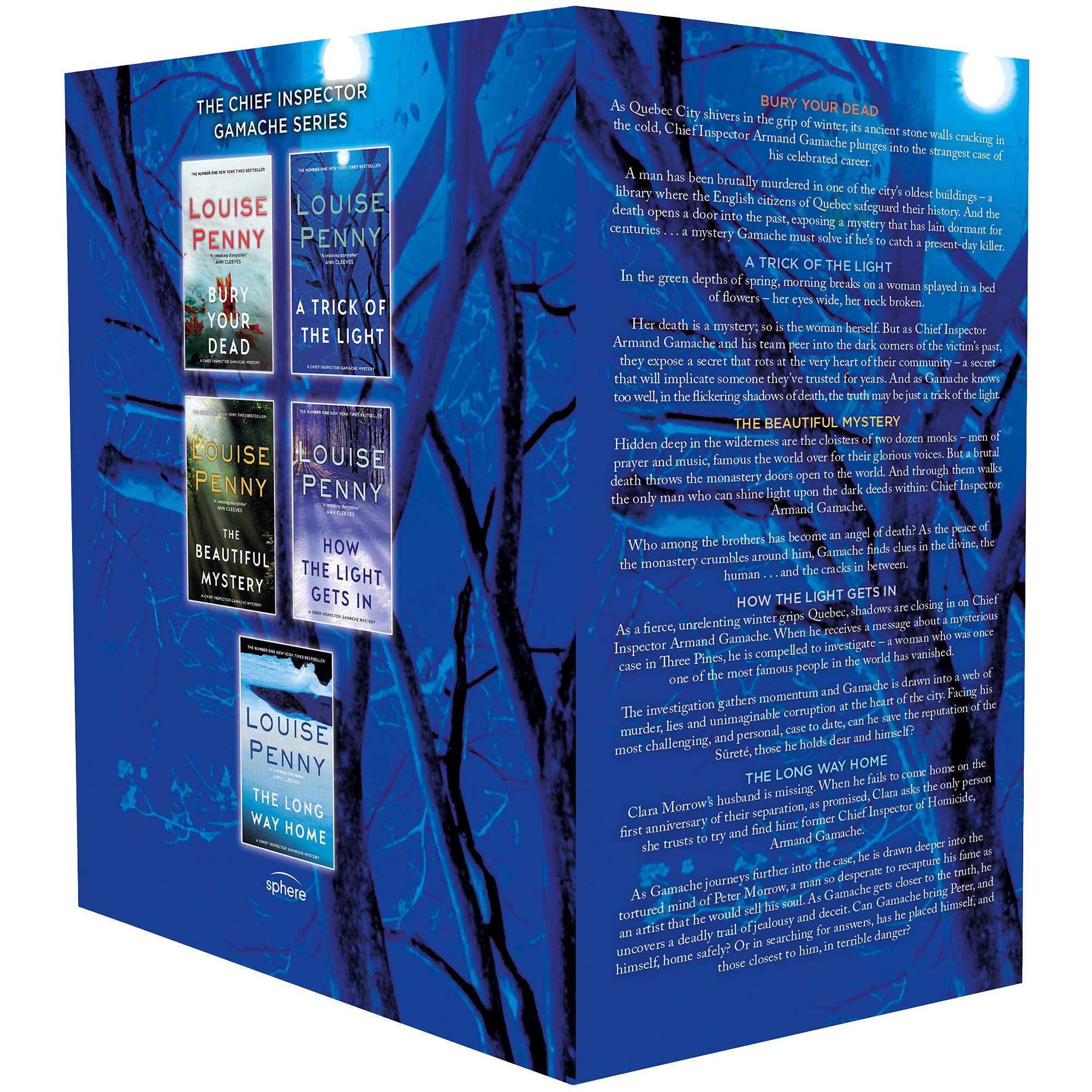All five paperback books in the Chief Inspector Gamache series set fanned out, showing Bury Your Dead, A Trick Of The Light, The Beautiful Mystery, How The Light Gets In, and The Long Way Home