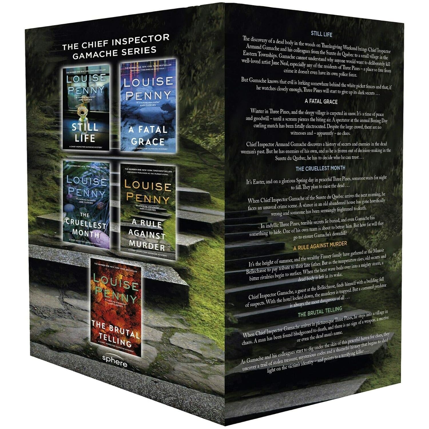 Angled view of all four Chief Inspector Gamache paperback book covers by Louise Penny, highlighting individual cover designs.