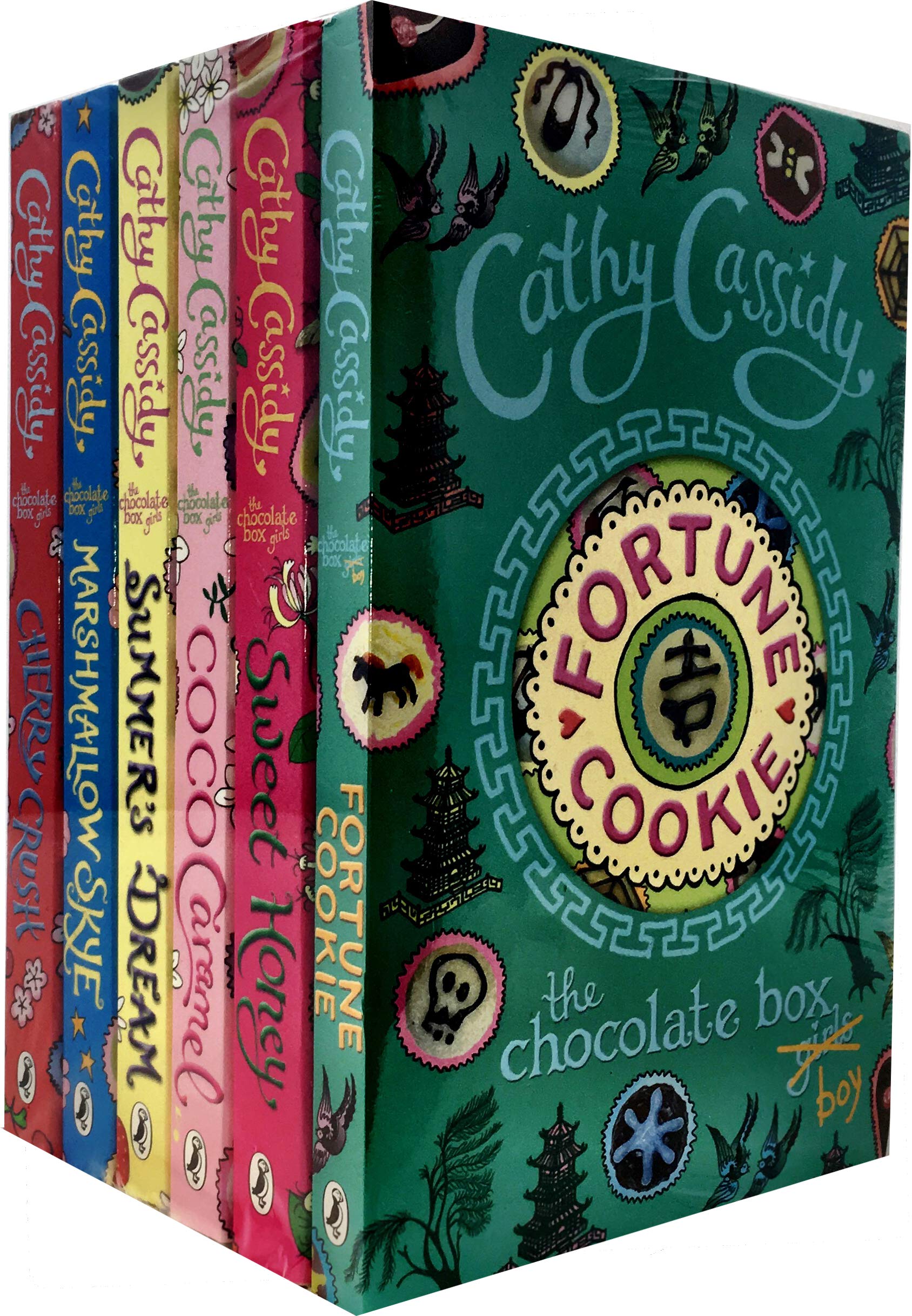 Chocolate Box Girls 6 books collection set by Cathy Cassidy - all six paperback covers fanned out showing Fortune Cookie, Sweet Honey, Summer's Dream, Coco Caramel, Marshmallow Skye, and Cherry Crush