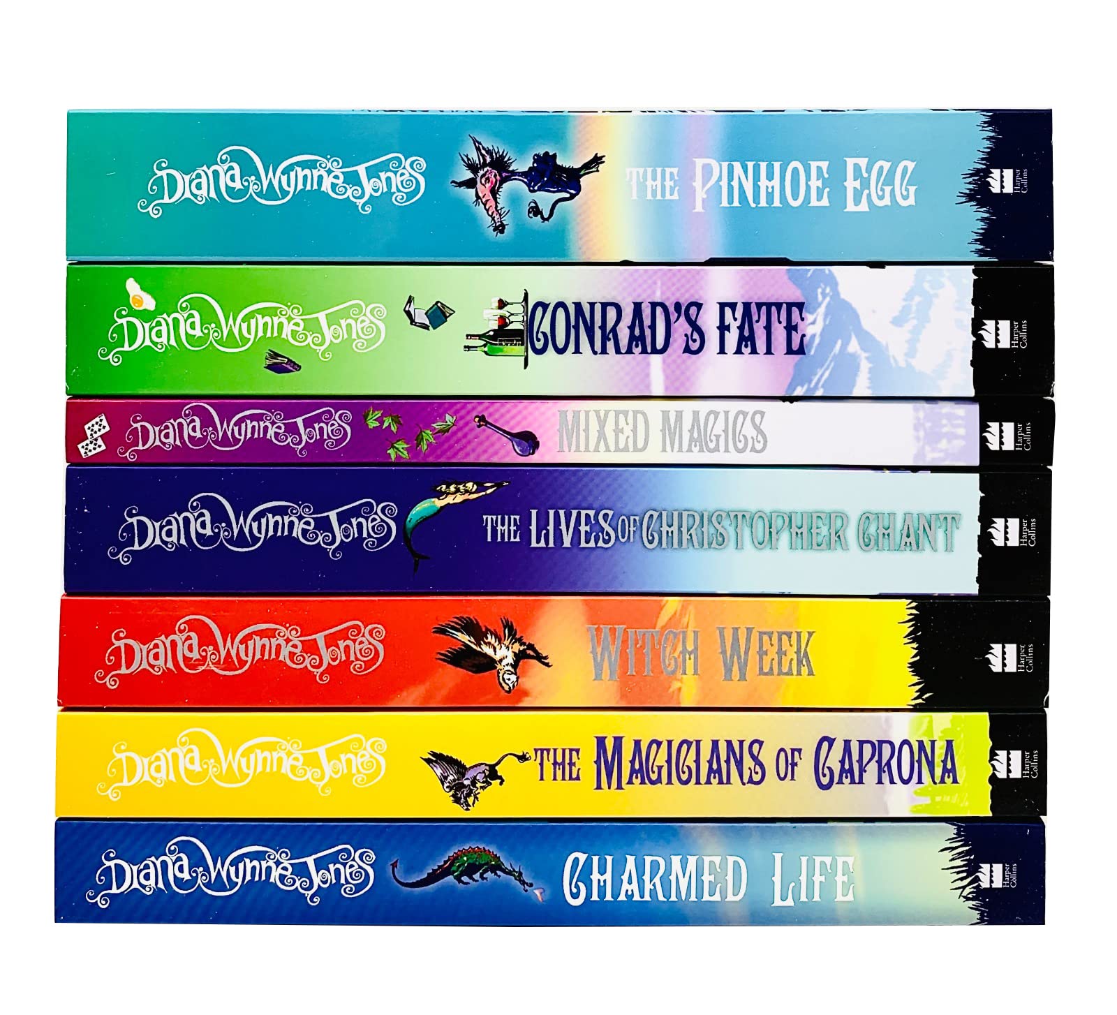 All seven Chrestomanci paperback books by Diana Wynne Jones fanned out showing individual covers