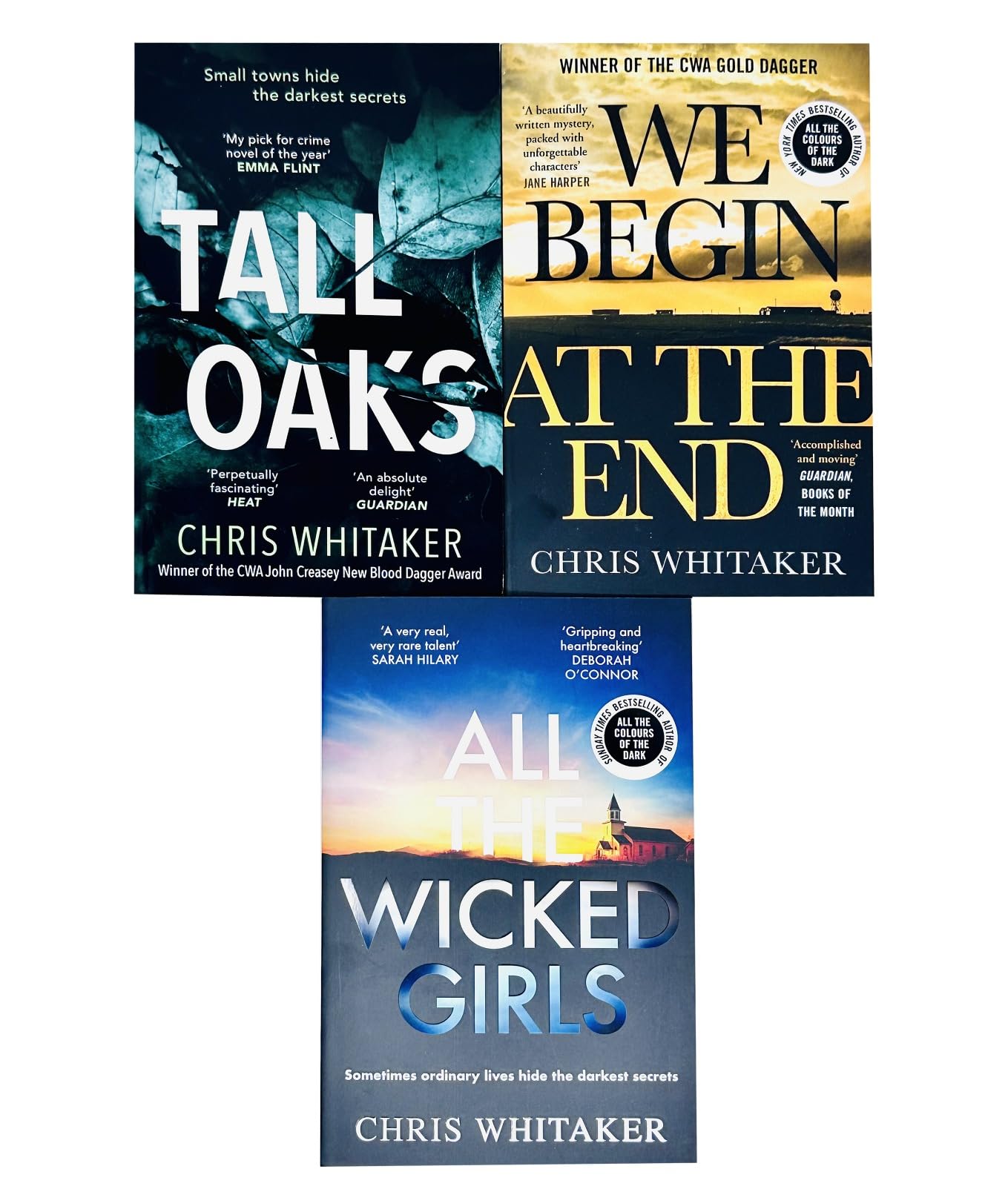 Close-up of We Begin at the End paperback cover from the Chris Whitaker 3 book set