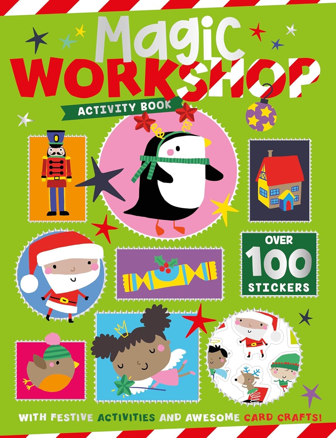 All six Christmas activity paperback books fanned out showing Magic Workshop, Elf's Adventure, Gingerbread Friends, Polar Party, Reindeer Express, and Jolly Santa covers