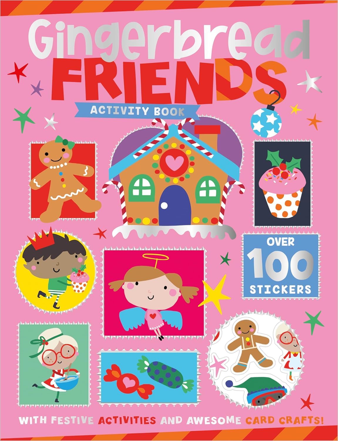 Inside page spread from Magic Workshop Christmas activity book with puzzles, coloring, and stickers