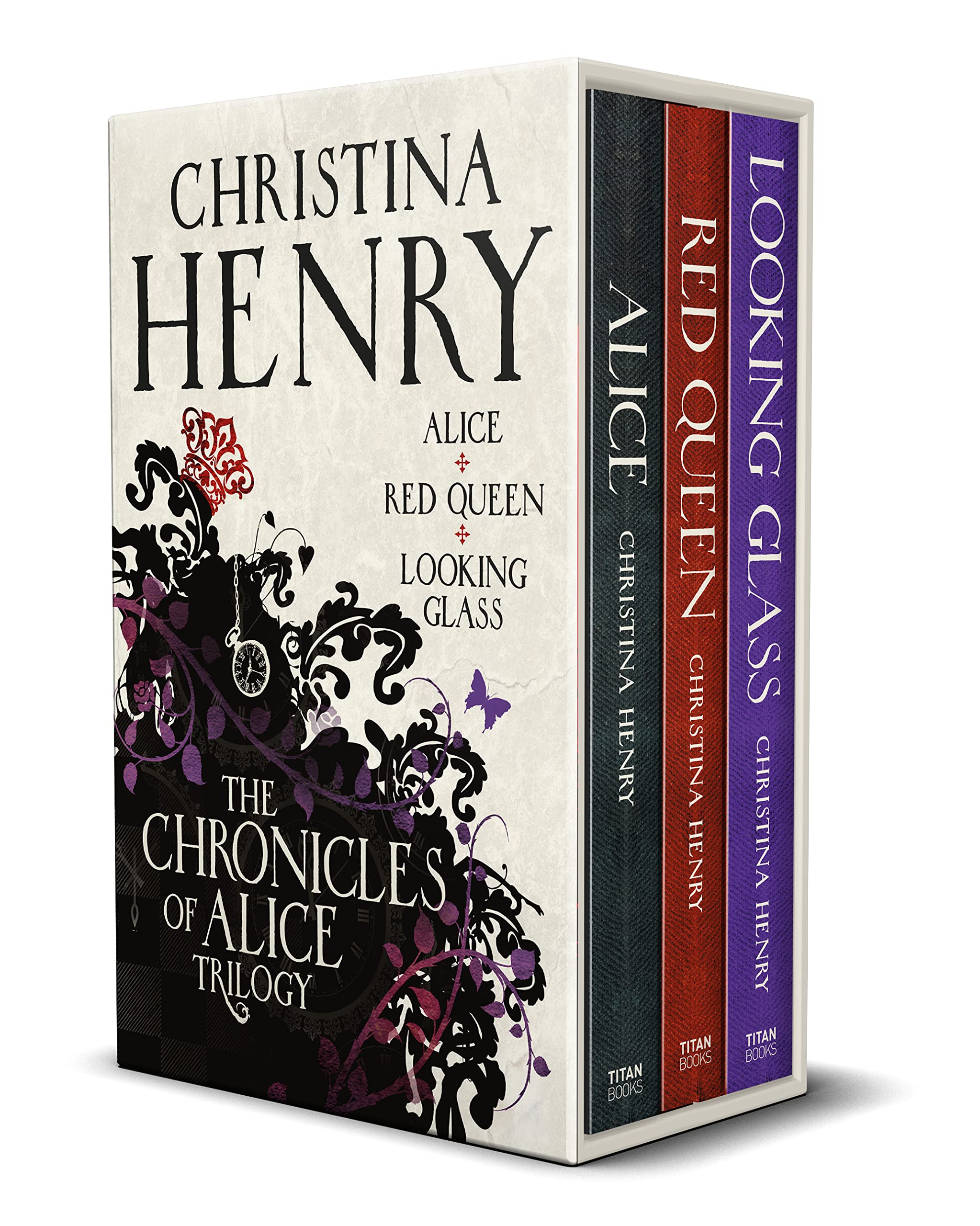The Chronicles of Alice Trilogy by Christina Henry paperback box set cover featuring Alice, Red Queen, and Looking Glass