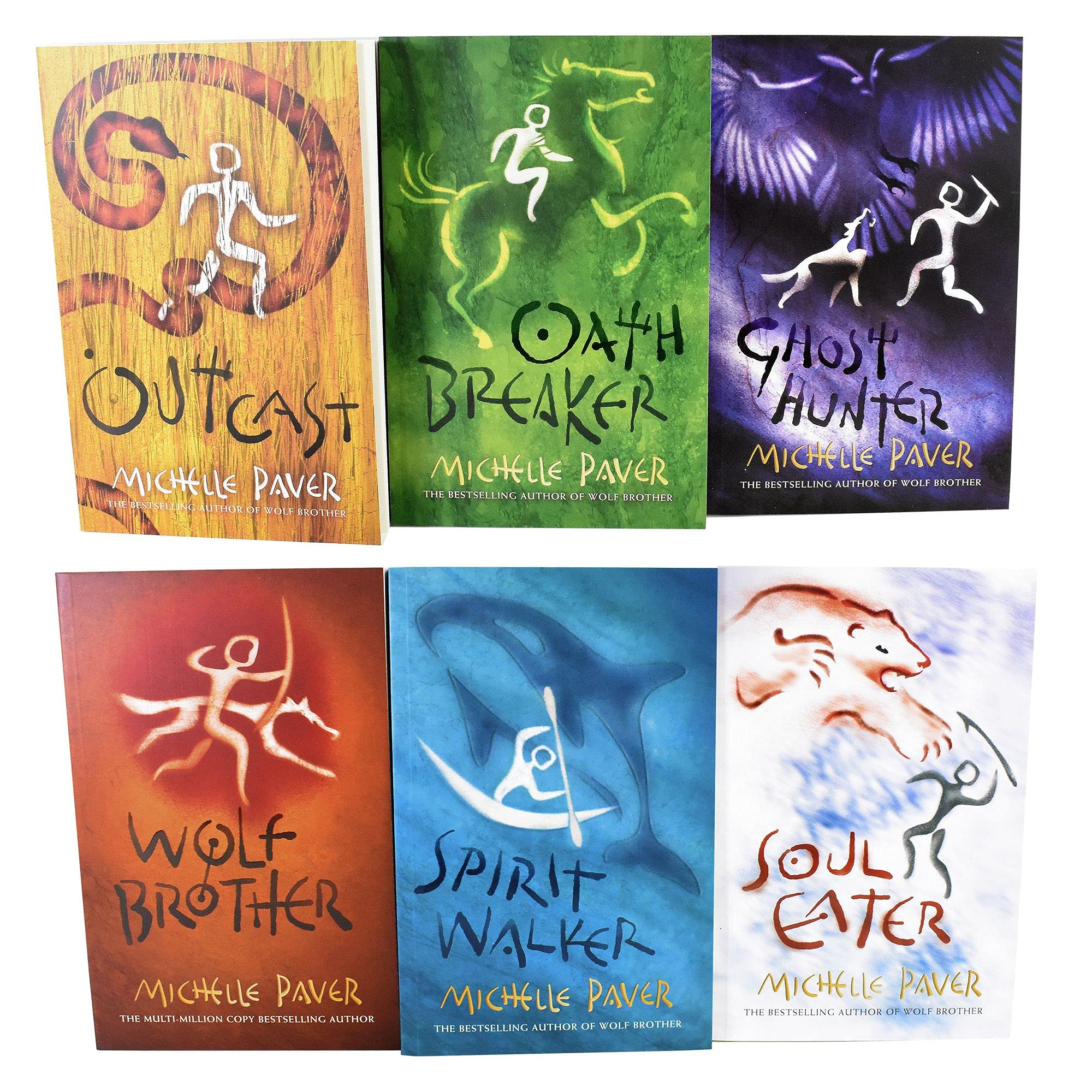All 6 paperback books from the Chronicles of Ancient Darkness collection by Michelle Paver fanned out to show individual spines and covers