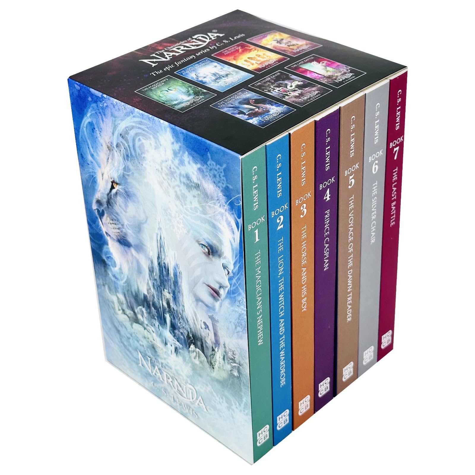 Stacked view of the seven Narnia paperback books by C S Lewis, highlighting the classic fantasy cover artwork of the full collection.