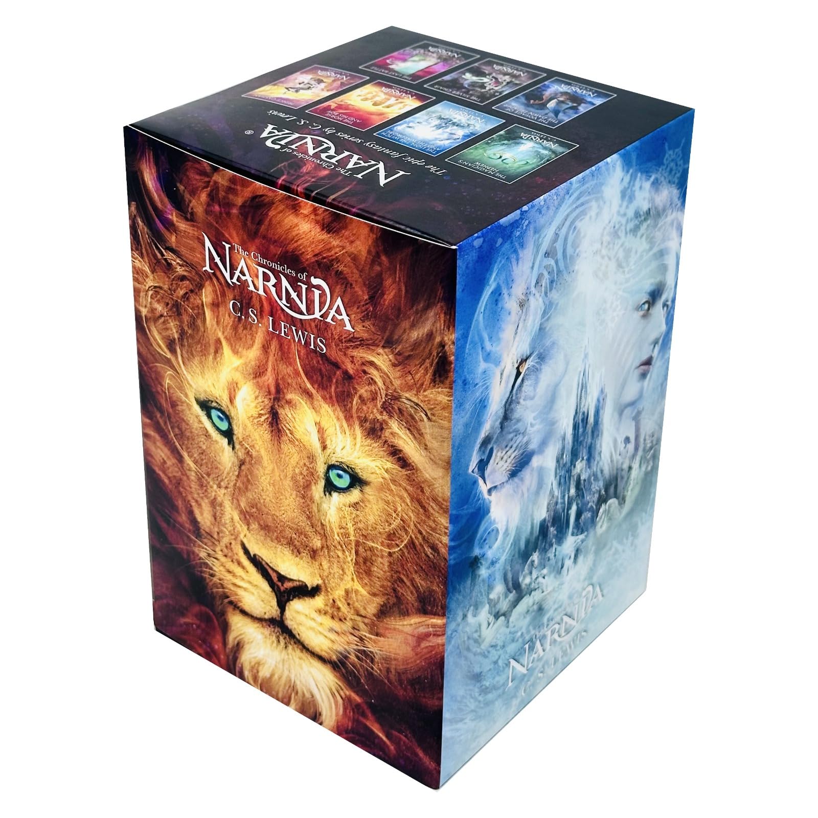 Close-up of spines and covers from The Chronicles of Narnia 7 book box set, showing paperback format and title details for young readers.