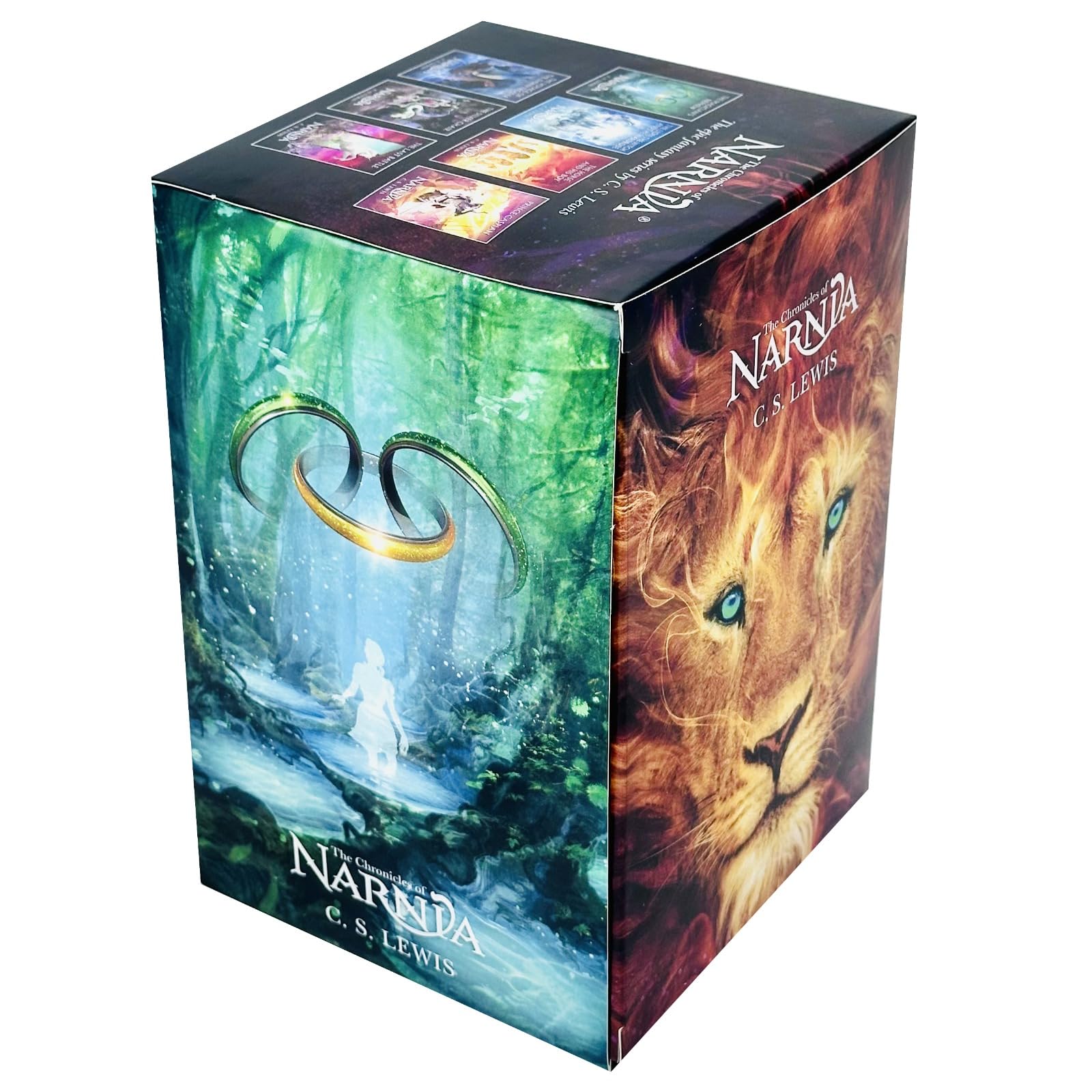 The complete Chronicles of Narnia 7-book paperback collection by C S Lewis arranged together, ideal as a gift set for kids ages 7-9.