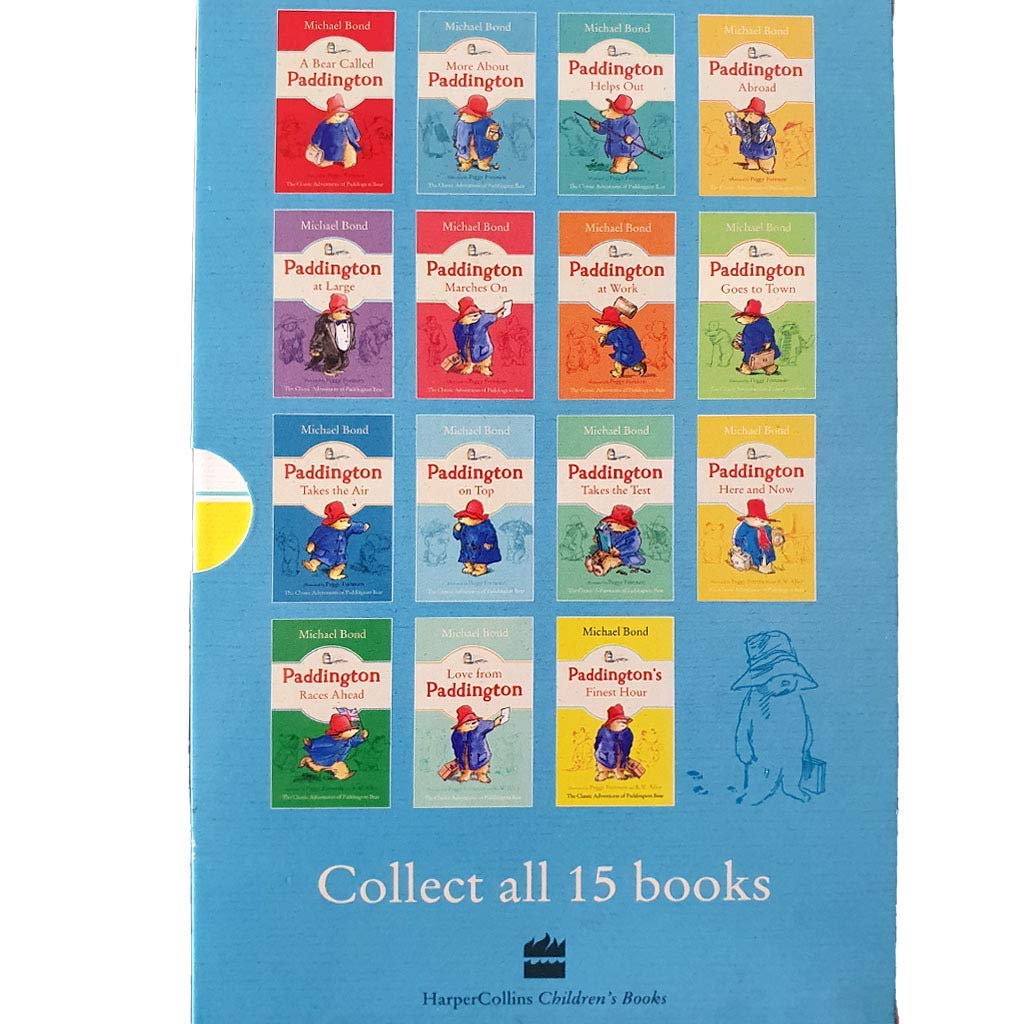 Close-up of Paddington Bear paperback book covers by Michael Bond, part of the 15-book collection for ages 3-7