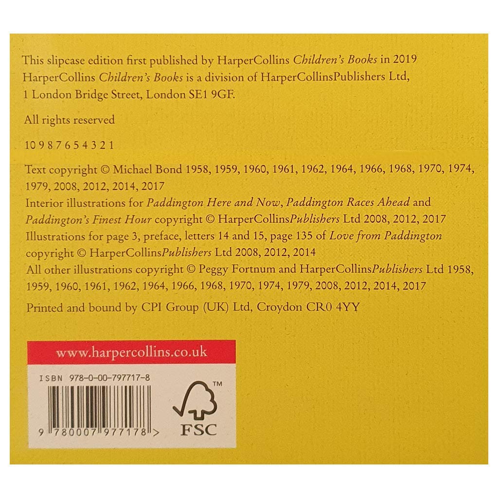 Stacked view of the Classic Adventures of Paddington Bear 15-book paperback set by Michael Bond, HarperCollins edition
