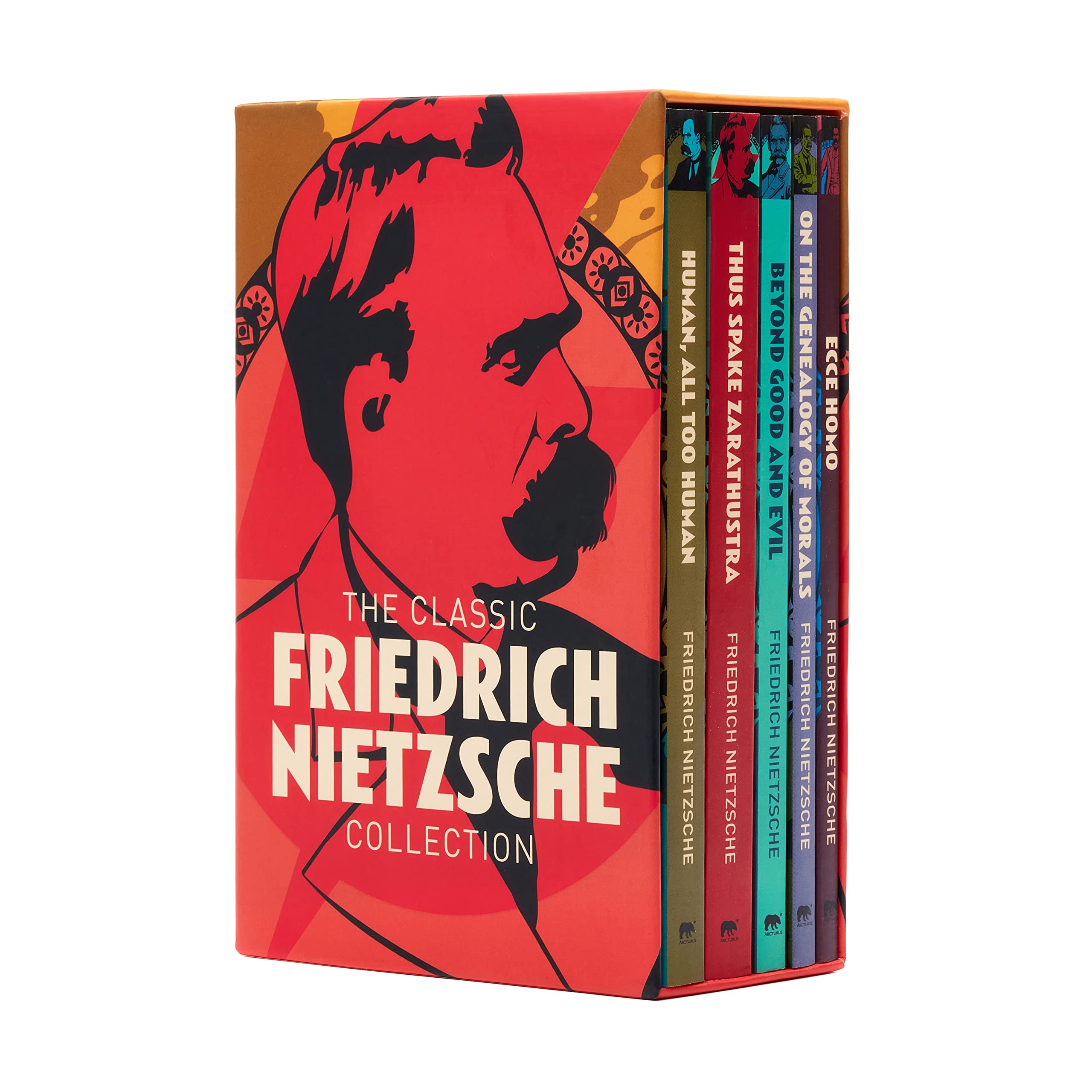 The Classic Friedrich Nietzsche Collection 5-book paperback box set featuring Human All Too Human, Thus Spake Zarathustra, Beyond Good and Evil, On the Genealogy of Morals, and Ecce Homo