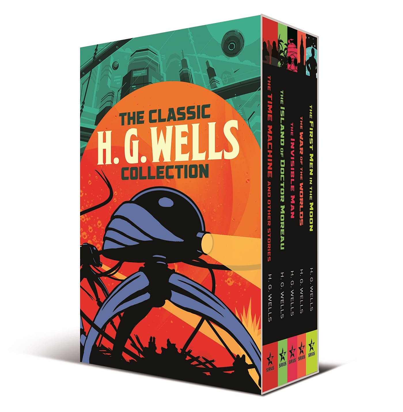 The Classic H. G. Wells Collection 5-book paperback boxed set front cover featuring The War of the Worlds, The Time Machine, The Invisible Man, The Island of Doctor Moreau, and First Men in the Moon