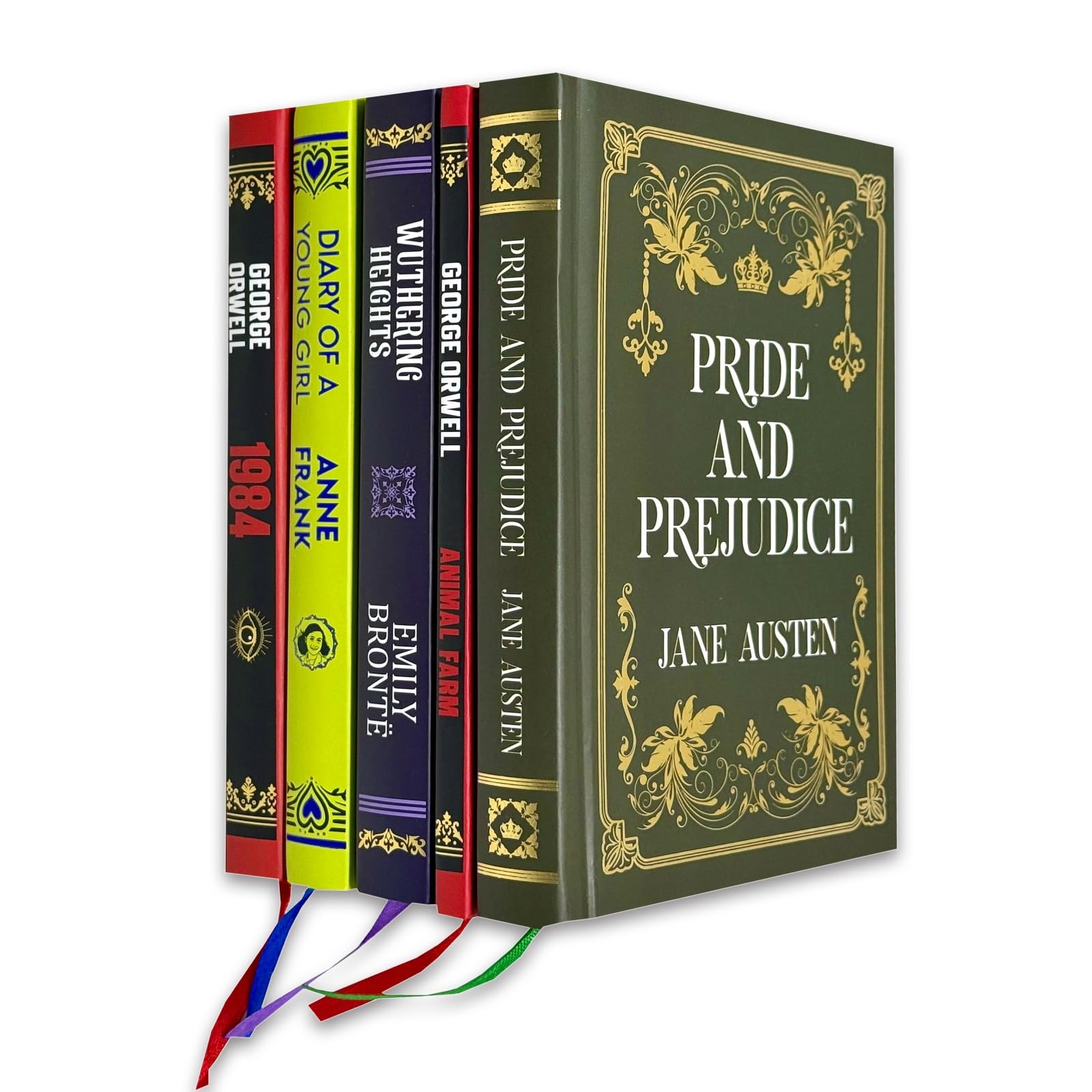 Full set of five matching hardcover classic novels fanned out showing spines and cover art