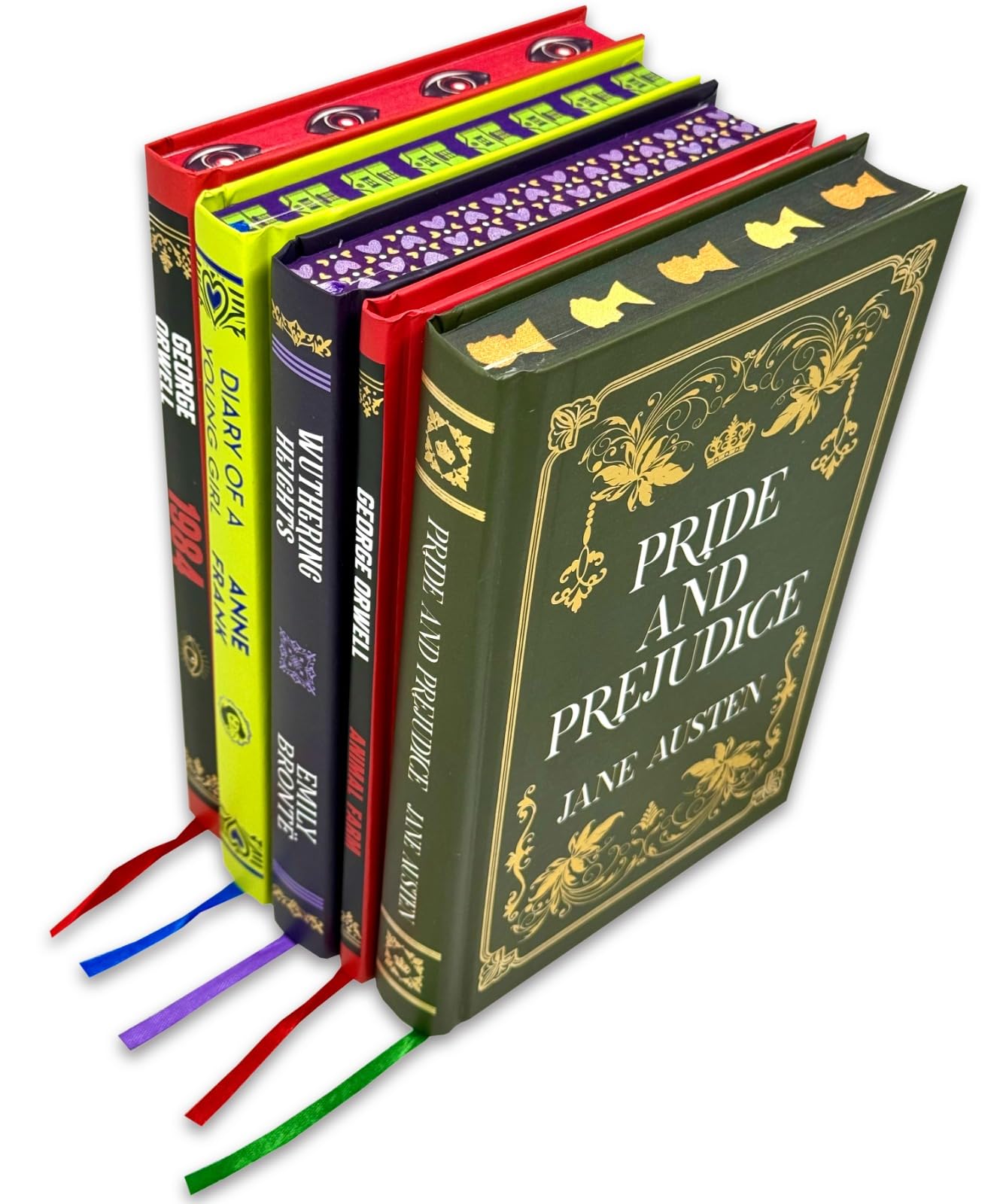 Classic Literature Collection 5 Books Hardcover Set front cover featuring Pride and Prejudice, Wuthering Heights, The Diary of a Young Girl, 1984, and Animal Farm