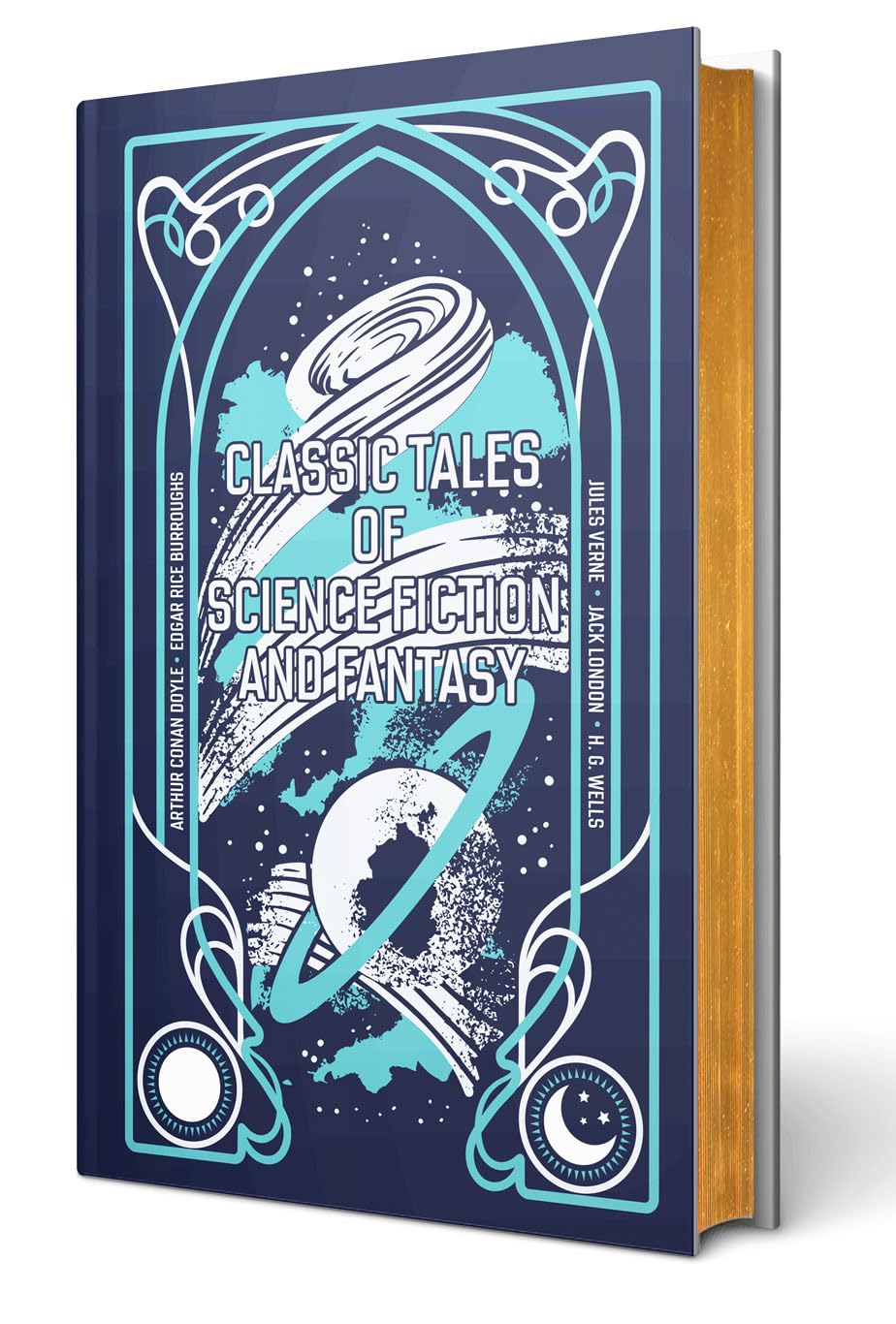 Classic Tales of Science Fiction and Fantasy leather bound hardback shown upright on a shelf beside other classic titles.