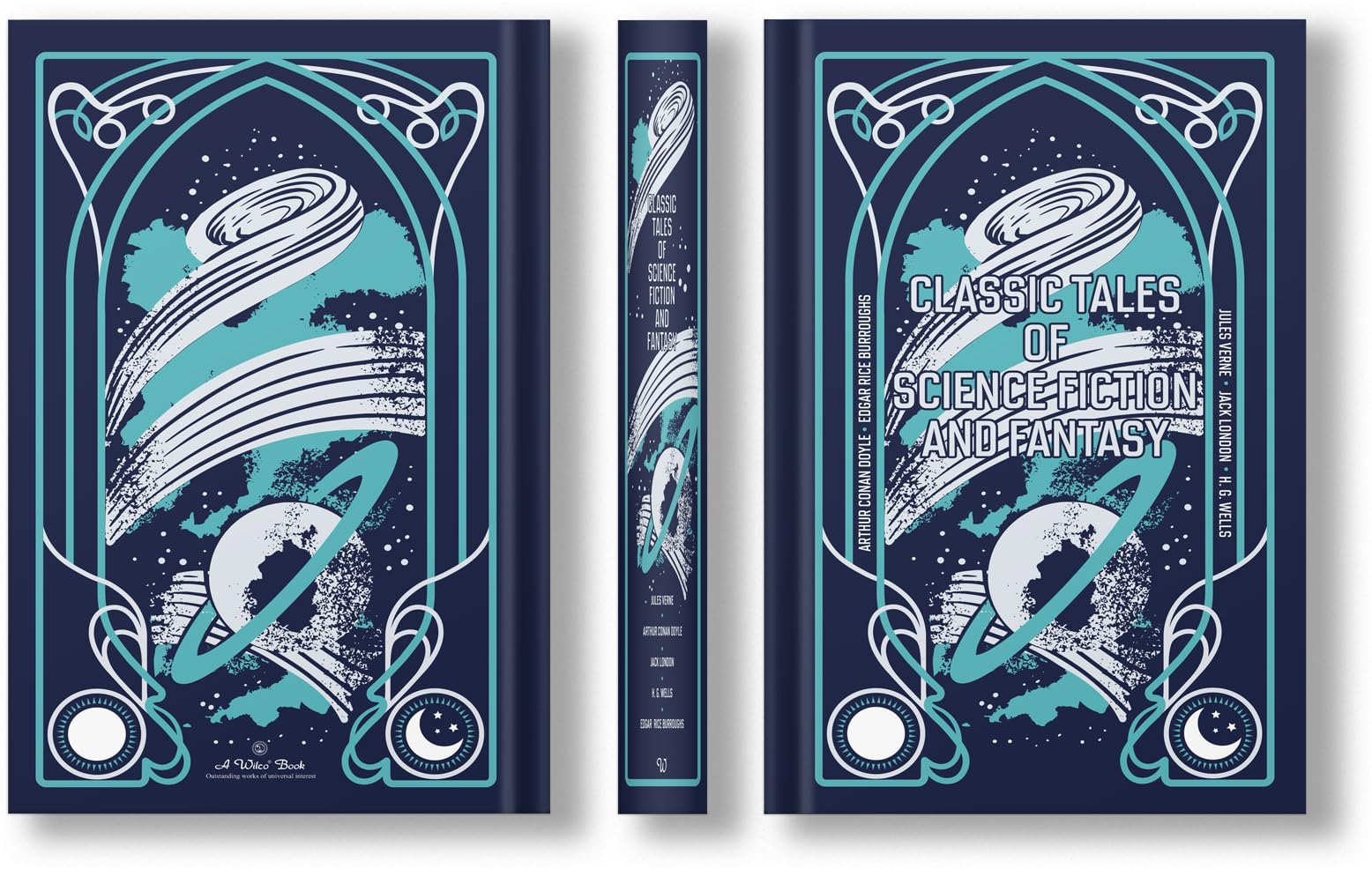 Angled view of the Classic Tales of Science Fiction and Fantasy leather bound anthology showing the embossed spine detailing.
