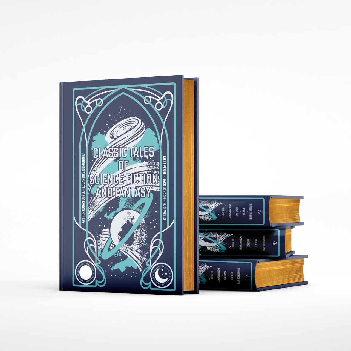 Back cover of Classic Tales of Science Fiction and Fantasy leather bound hardback anthology with cover synopsis text visible.