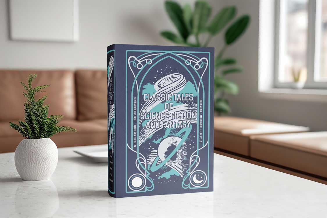 Top-down view of the Classic Tales of Science Fiction and Fantasy leather bound anthology cover showing the full title and author lineup.