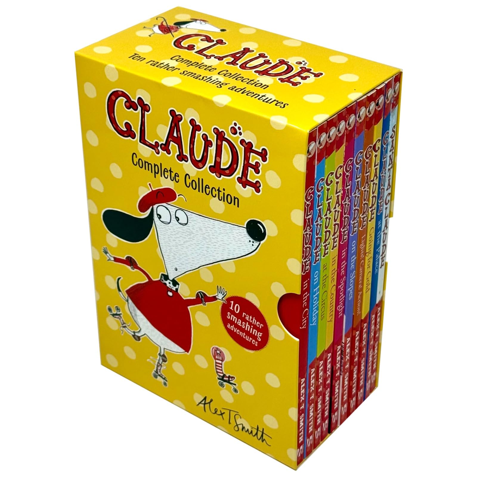 Close-up of several Claude book covers from the Complete Collection, highlighting titles like Claude in the City and Claude on Holiday.