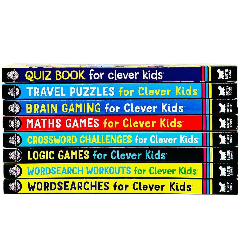 All 8 Clever Kids Brain Games & Puzzles paperback books fanned out showing Quiz Book, Travel Puzzles, Maths Games, and Wordsearches covers