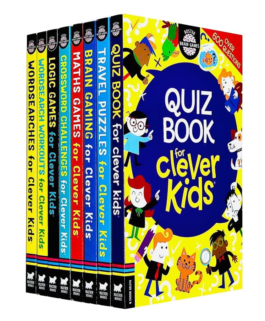 Clever Kids Brain Games & Puzzles 8 Books Collection Set paperback front cover showing quiz, maths, logic, and wordsearch titles for ages 8-12