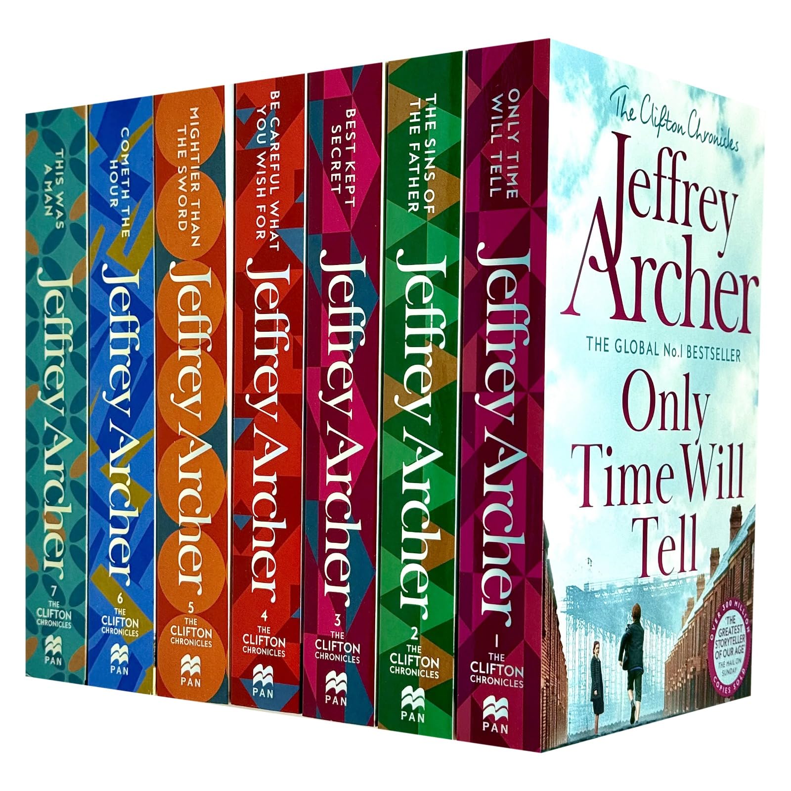 The Clifton Chronicles 7-book paperback set by Jeffrey Archer, full collection fanned out showing all titles