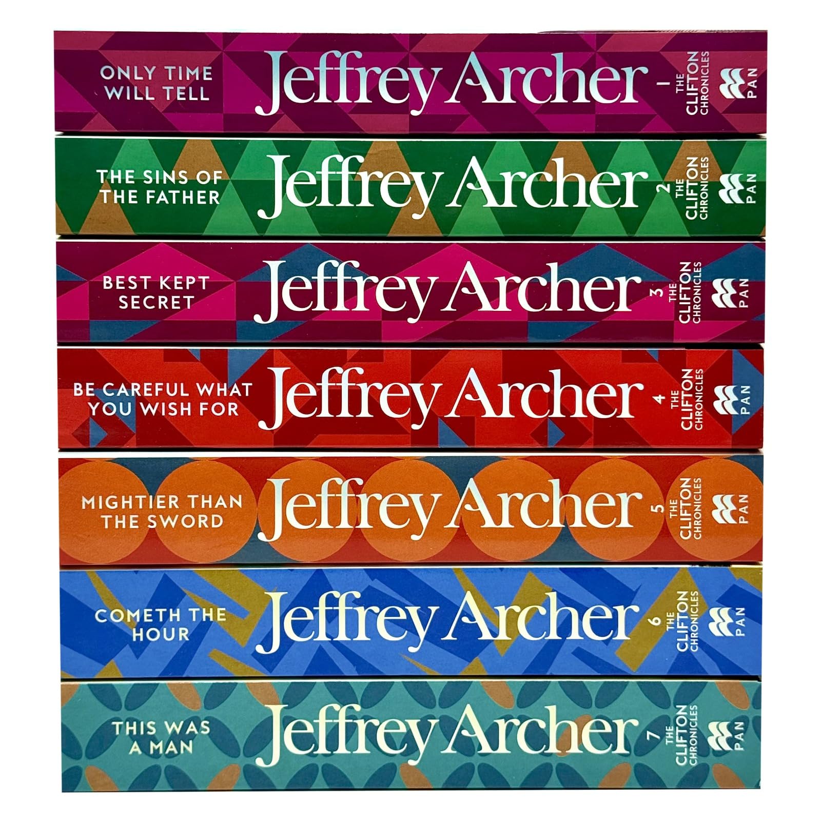 Close-up of individual Clifton Chronicles paperback spines by Jeffrey Archer