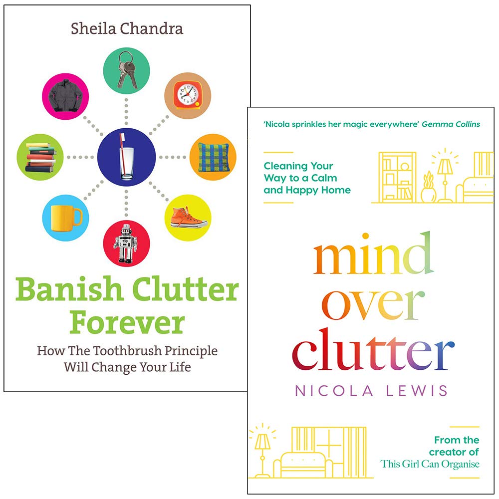 Front cover of the Clutter Duo paperback set: Banish Clutter Forever by Sheila Chandra and Mind Over Clutter by Nicola Lewis.