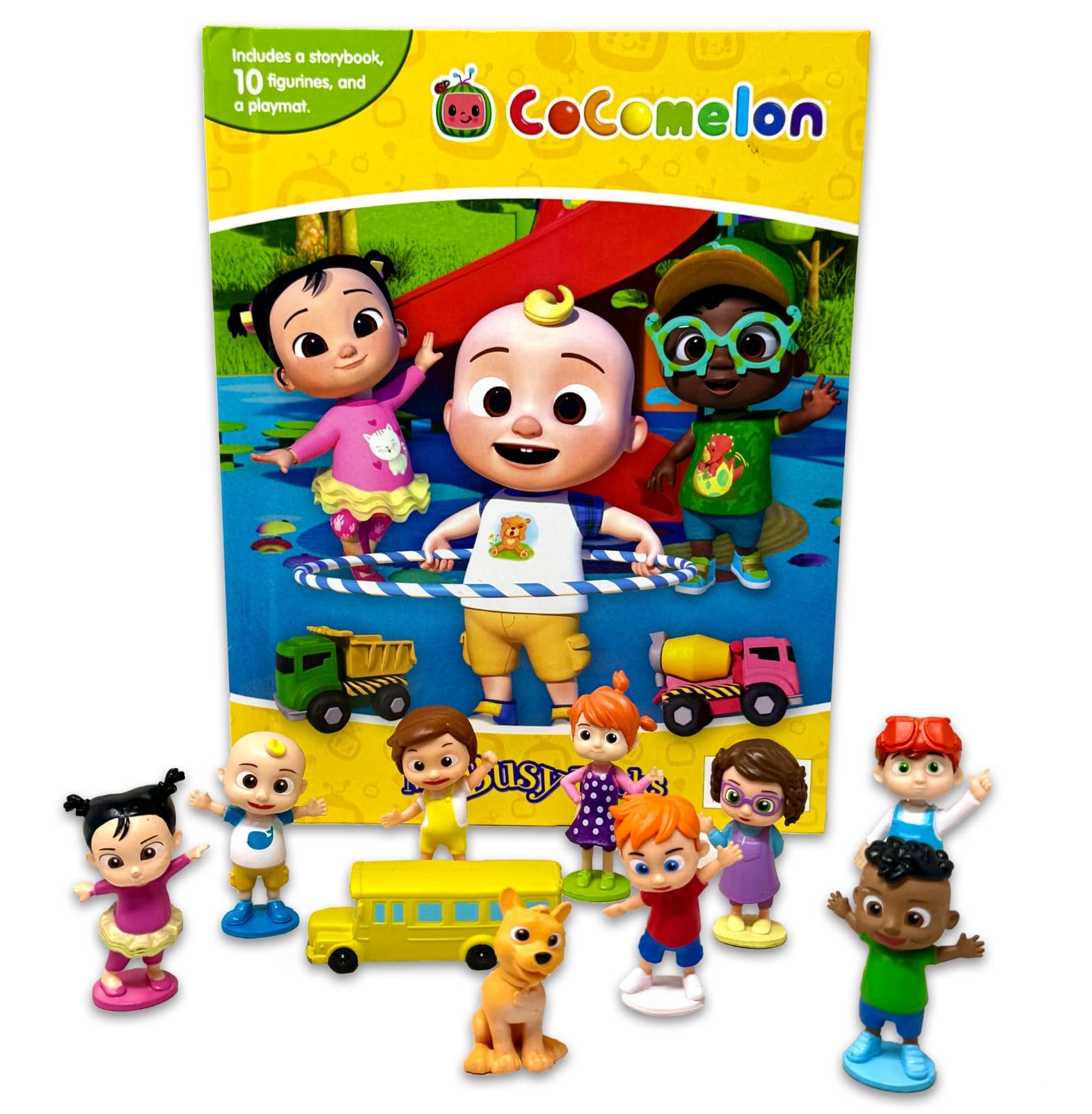 Cocomelon My Busy Books back cover showing storybook, figurines, and playmat set contents