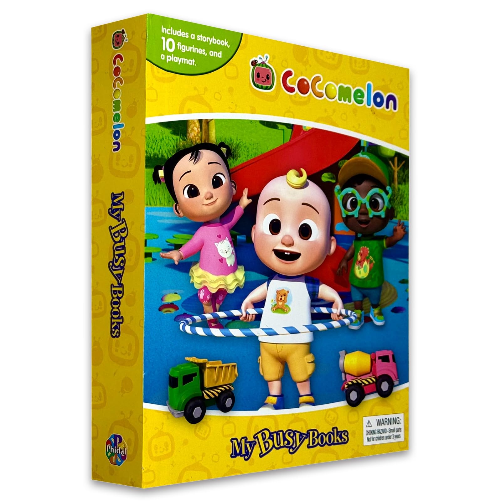 Cocomelon My Busy Books open storybook page with full-page illustration and figurines