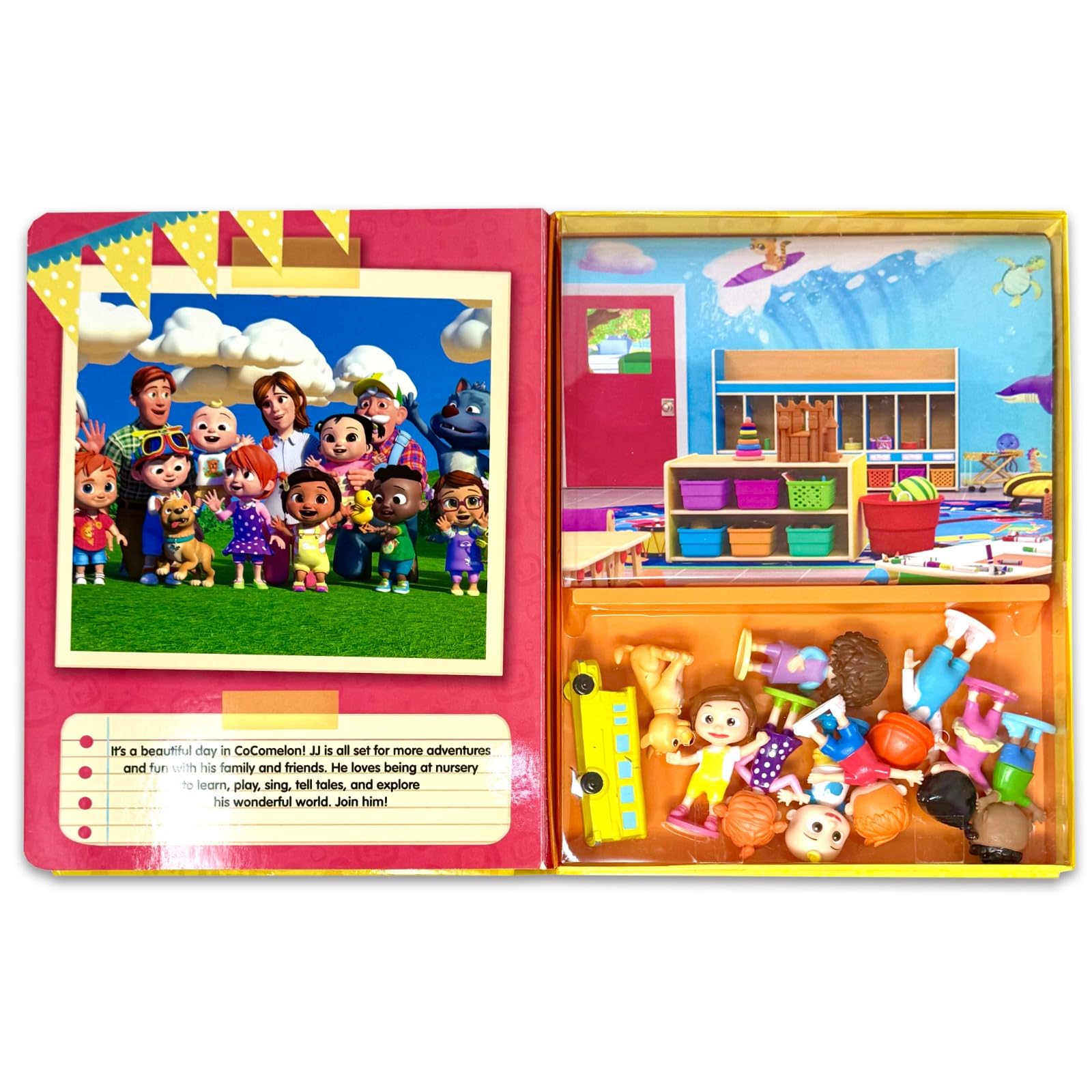 Close-up of the 10 Cocomelon figurines included in the My Busy Books board book set