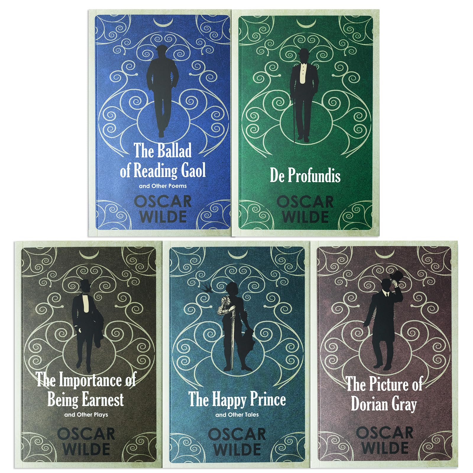 The Collected Works of Oscar Wilde 5-book paperback set fanned out showing all five spines and titles