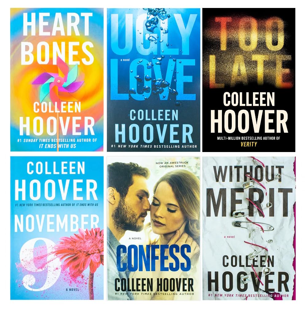 Colleen Hoover 6 Books Collection Set paperback cover featuring Heart Bones, Without Merit, November 9, Ugly Love, Too Late, and Confess
