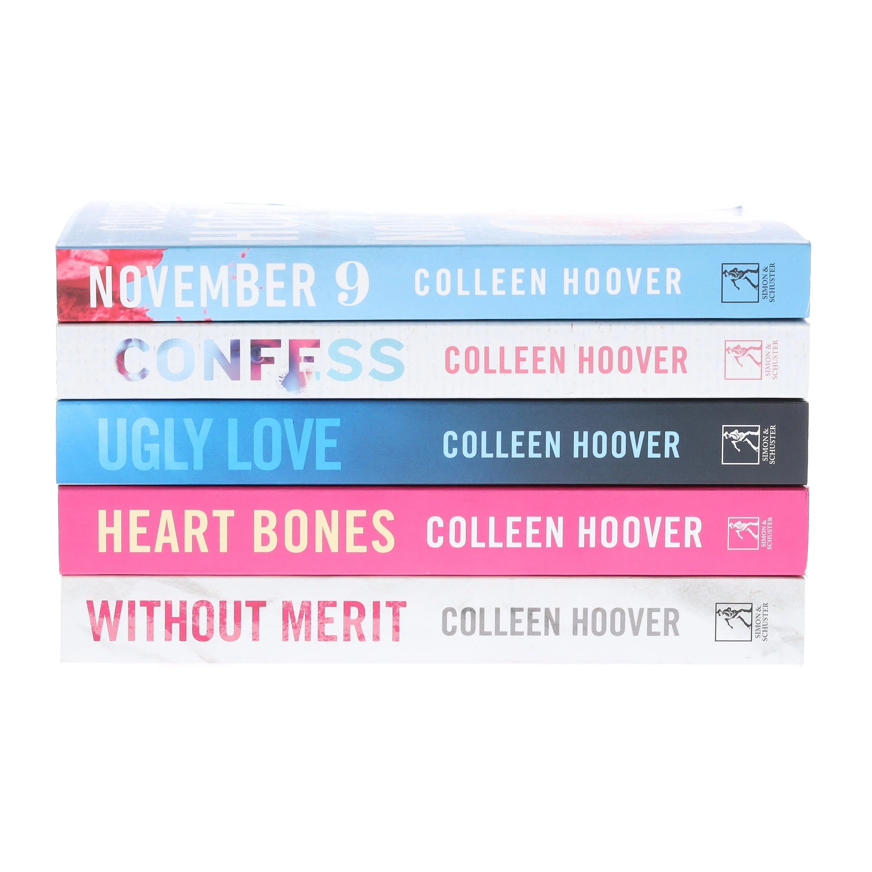 Close-up angled view of the Colleen Hoover 5-book paperback set from Atria Books, highlighting titles and spine details