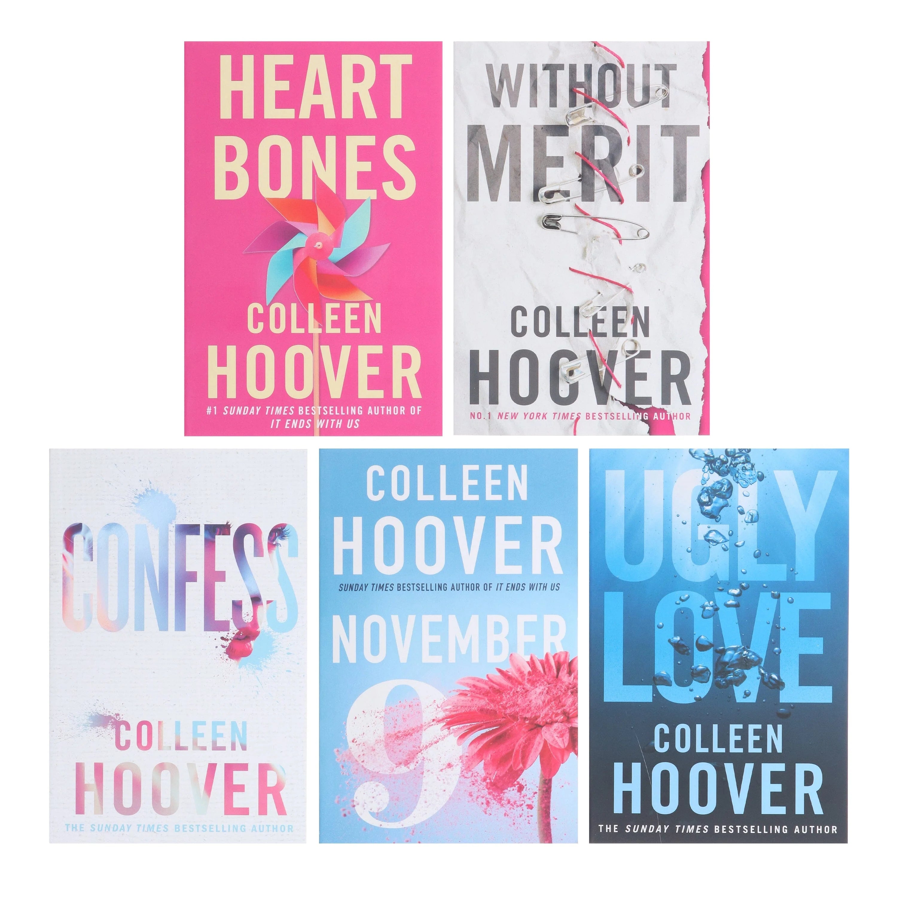 Front cover view of the Colleen Hoover 5 Books Collection Set featuring Ugly Love, November 9, Confess, Without Merit, and Heart Bones paperbacks