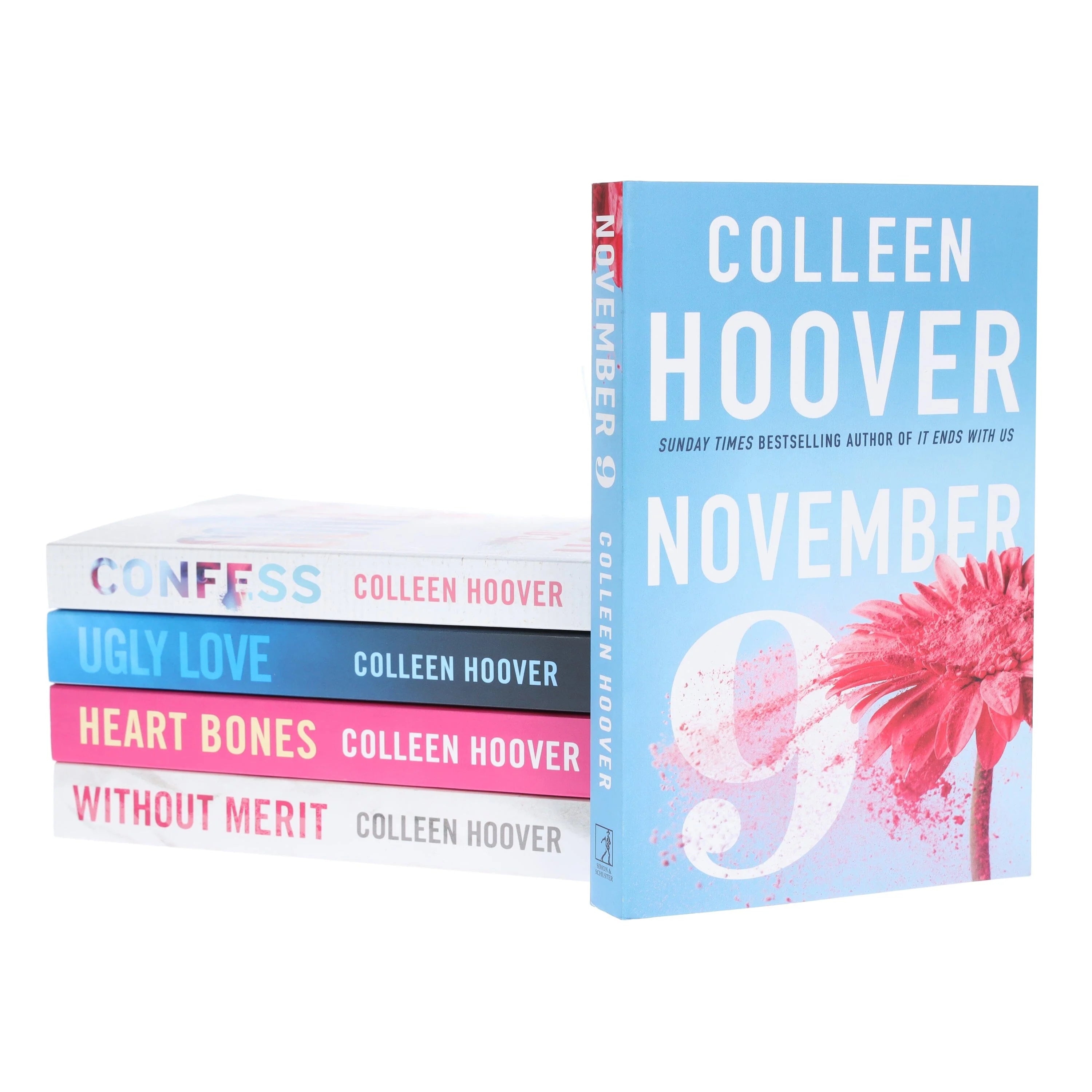 Five paperback Colleen Hoover fiction books from the Hoover Collection by Simon & Schuster, featuring colorful book covers.