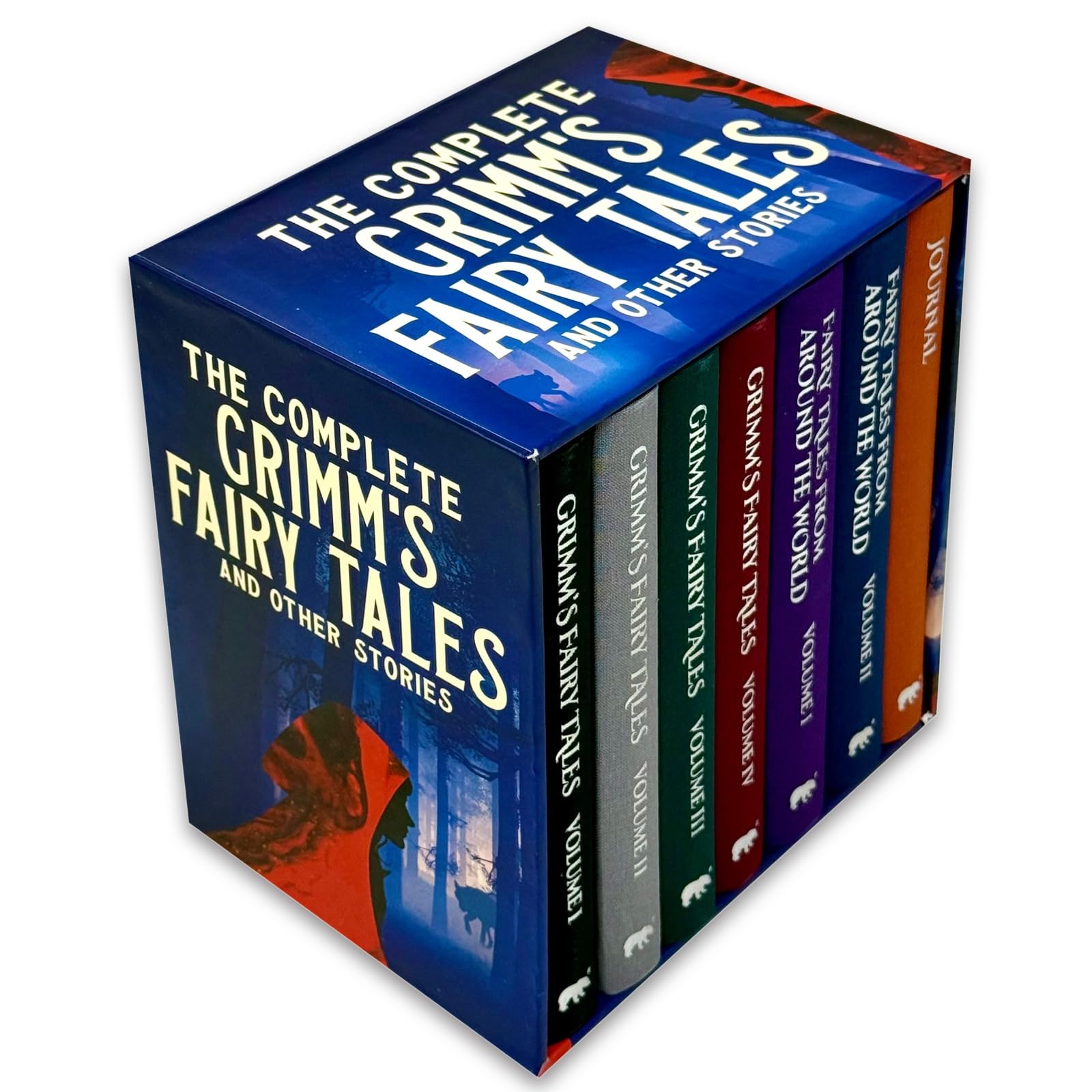 Grimm's Fairy Tales and Fairy Tales From Around the World hardcover volumes fanned out showing spines