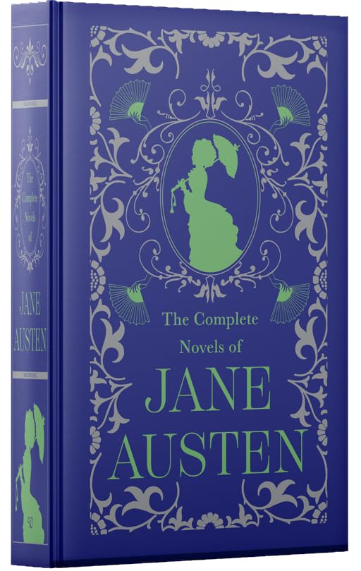 The Complete Novels of Jane Austen leatherbound book displayed at an angle showing spine detail