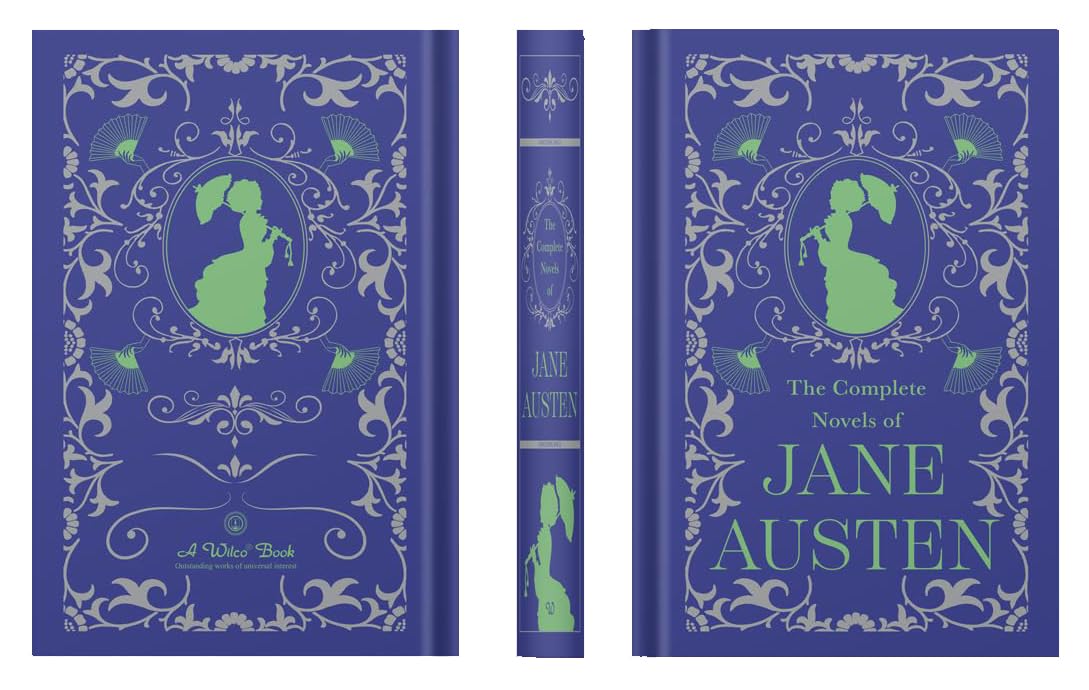 Close-up of the leatherbound spine of The Complete Novels of Jane Austen showing gilt title lettering