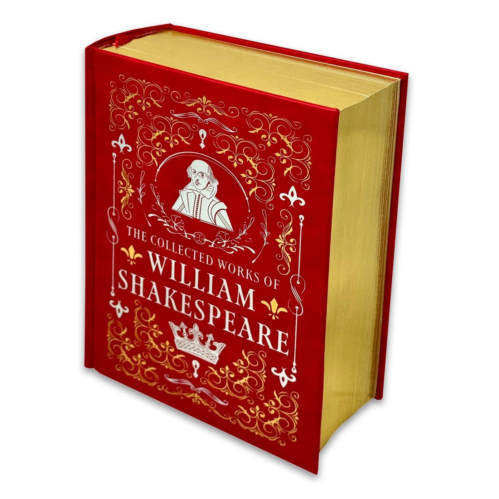 Close-up of the faux-leather cover and gilt-style detailing on the Complete Works of William Shakespeare hardback