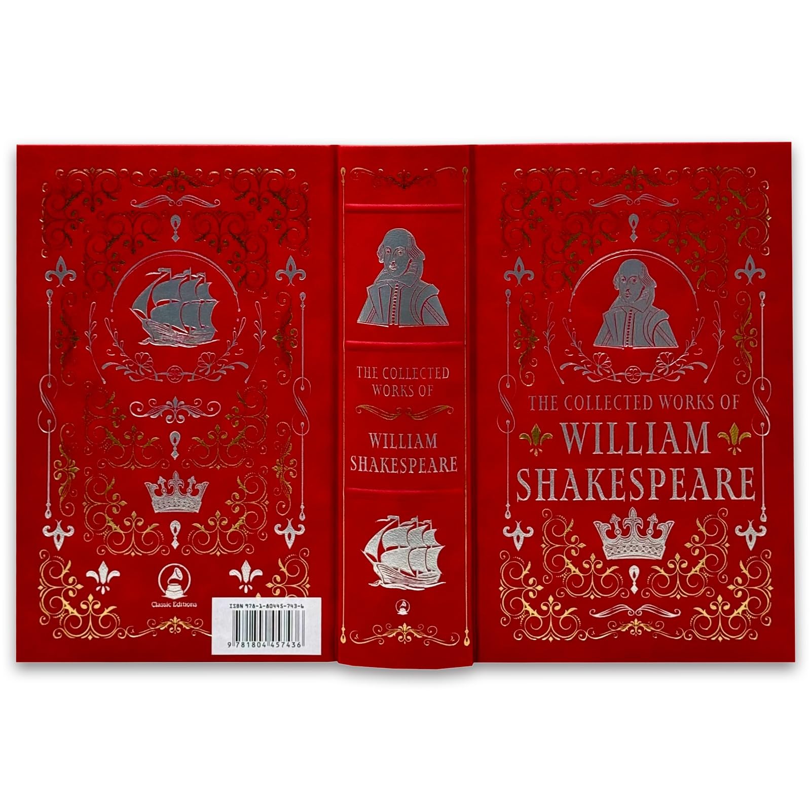 Side view of the Complete Works of William Shakespeare deluxe leather-bound hardback showing spine and page edges