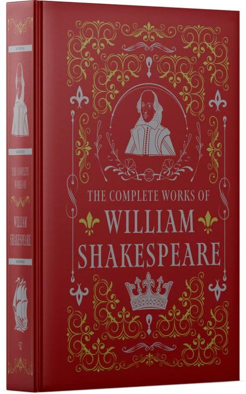 Close-up of embossed gold titling and leather texture on the Complete Works of William Shakespeare hardback cover