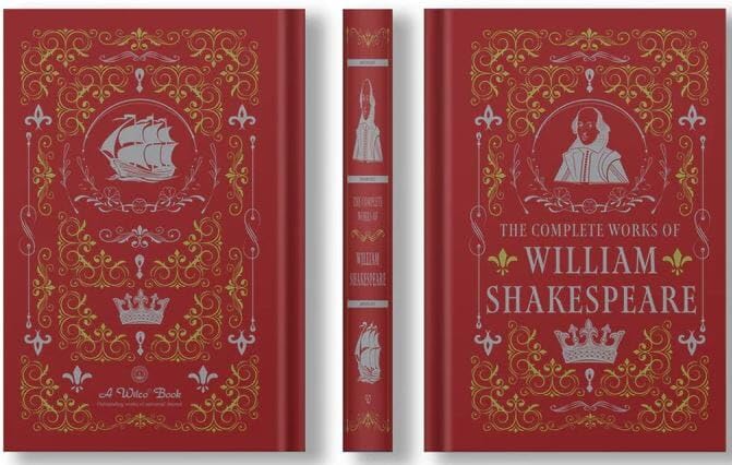Inside page spread of the Complete Works of William Shakespeare showing text layout of a play