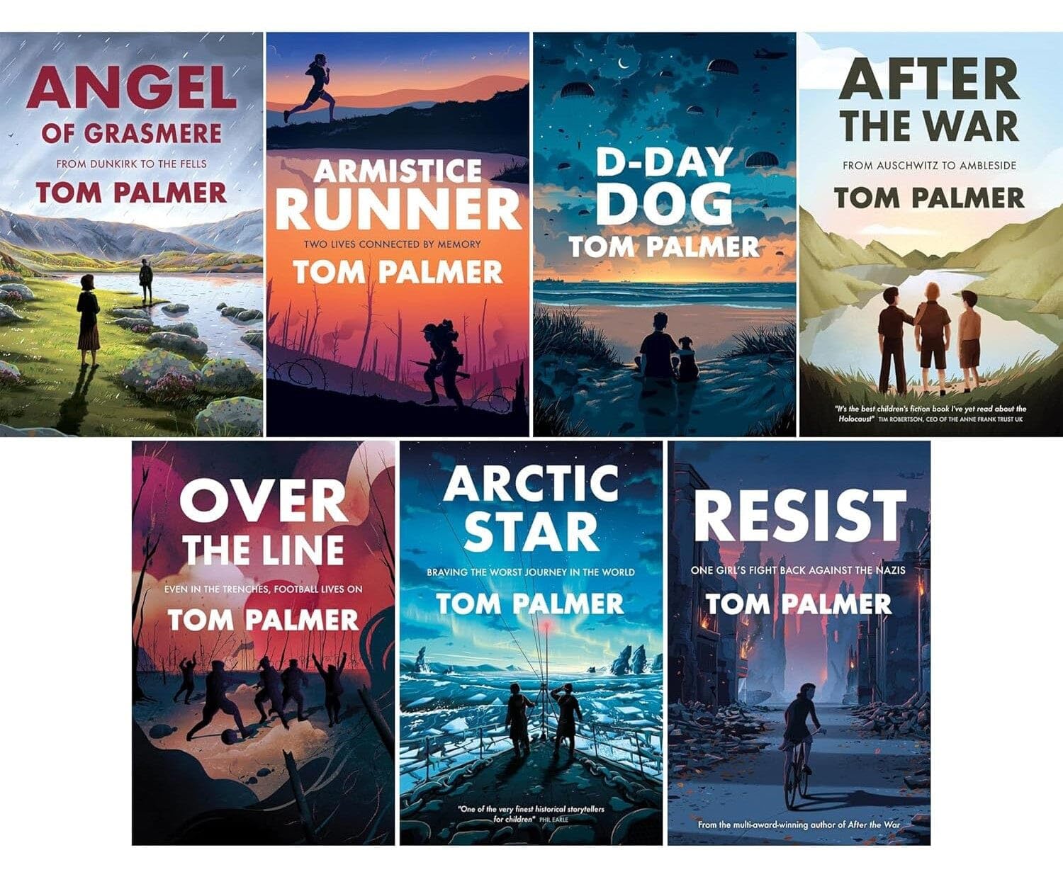 Conkers Series by Tom Palmer 7 book set spines and back covers fanned out, Barrington Stoke paperback historical fiction for kids