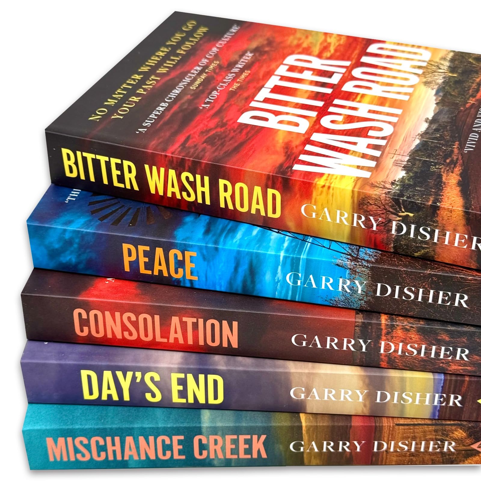 Paperback spines of the Constable Hirsch Mysteries collection showing all five titles by Garry Disher