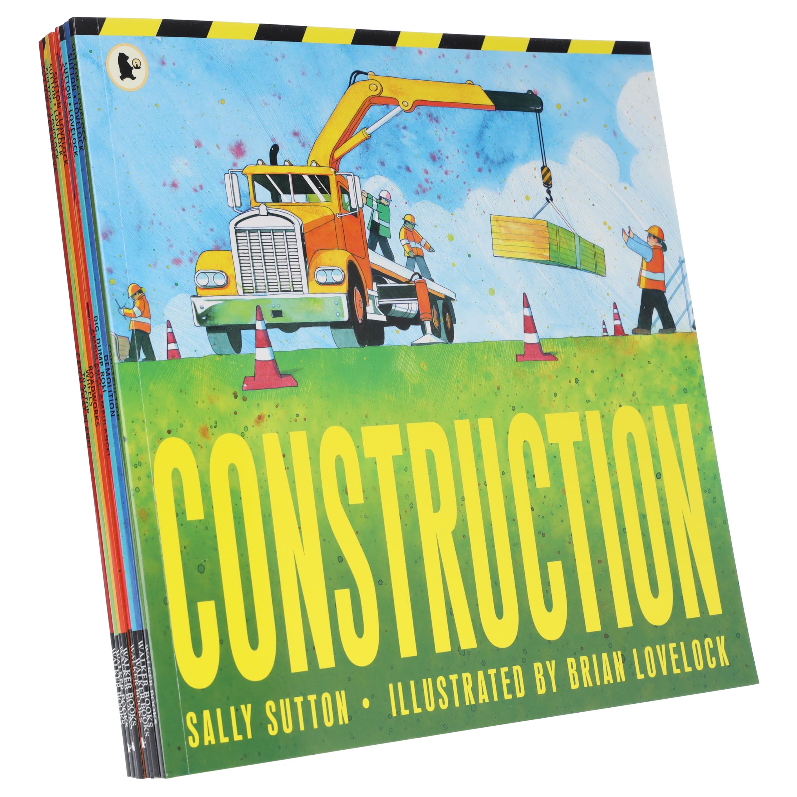 Construction Crew 8-book set by Sally Sutton showing all paperback covers fanned out including Construction, Demolition, and Roadworks