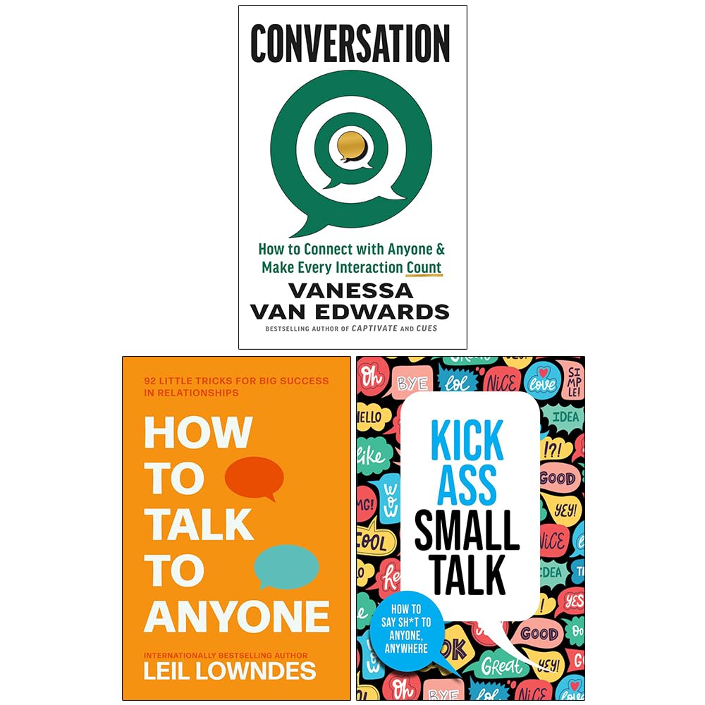 Front covers of the Conversation, How to Talk to Anyone & Kick Ass Small Talk 3-book paperback set by Vanessa Van Edwards, Leil Lowndes, and Chartwell Books