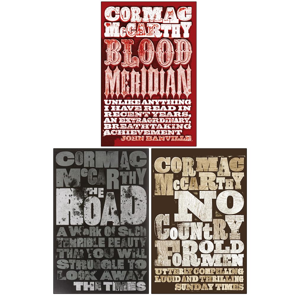 Close-up of Cormac McCarthy author photo and cover art across the three paperback novels in the set.