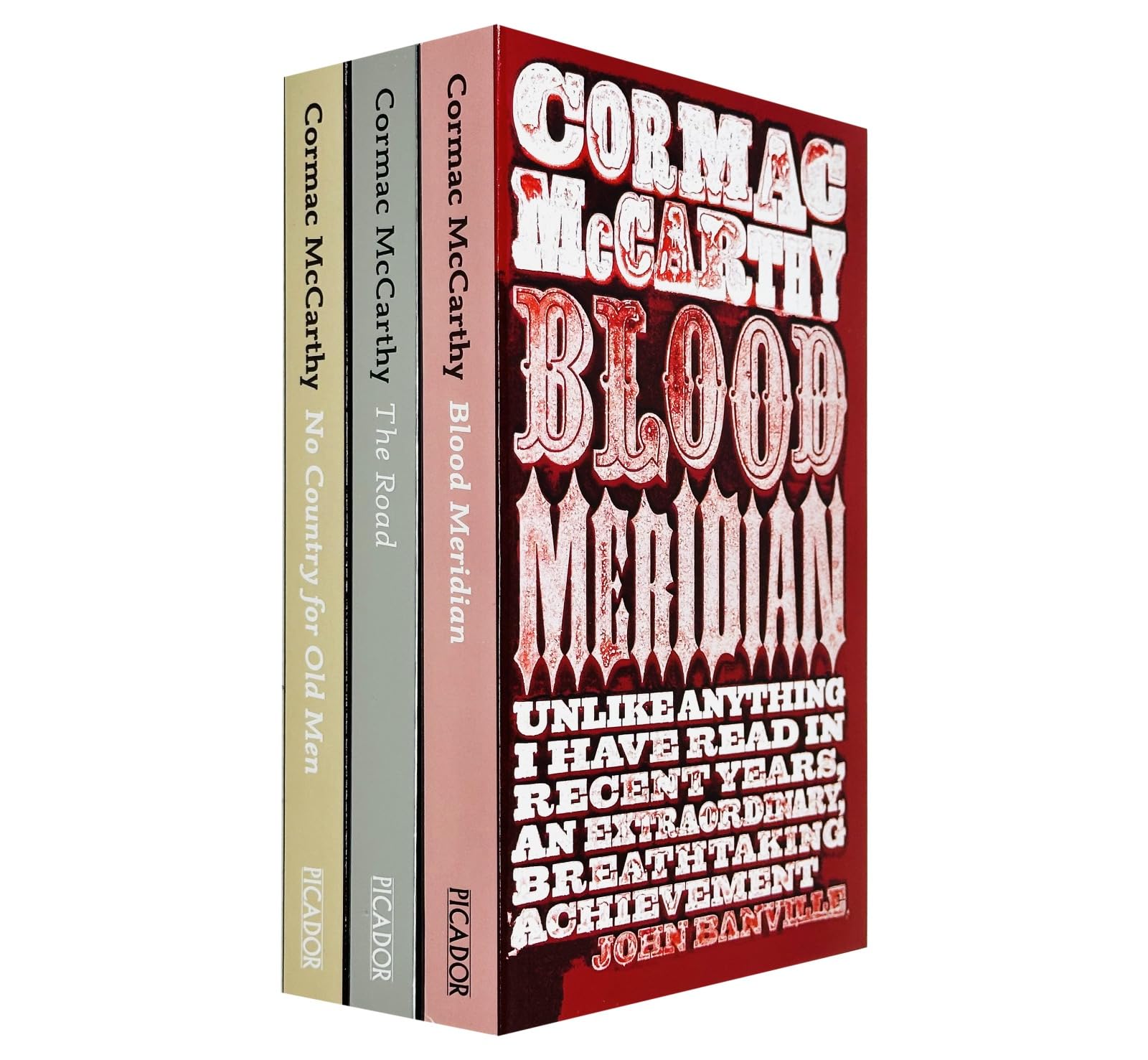 Front covers of the Cormac McCarthy 3 Books Collection Set featuring The Road, Blood Meridian, and No Country for Old Men in paperback.