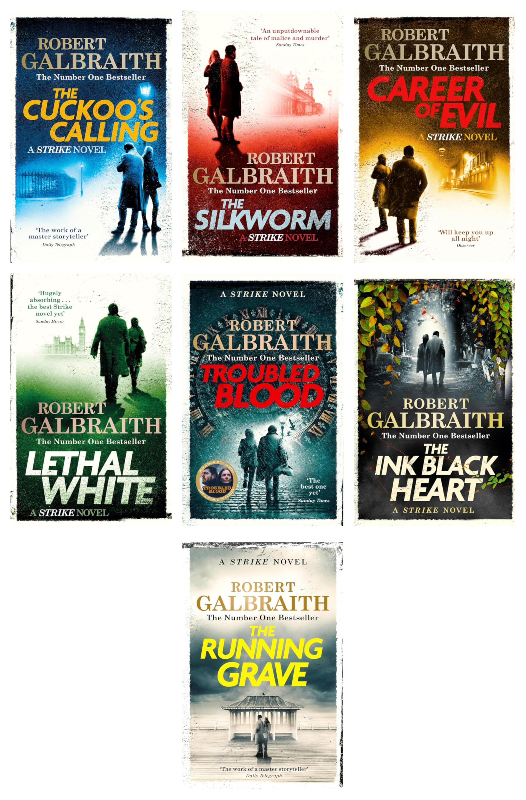 Cormoran Strike Series by Robert Galbraith 7 Books Collection Set front cover, paperback crime fiction